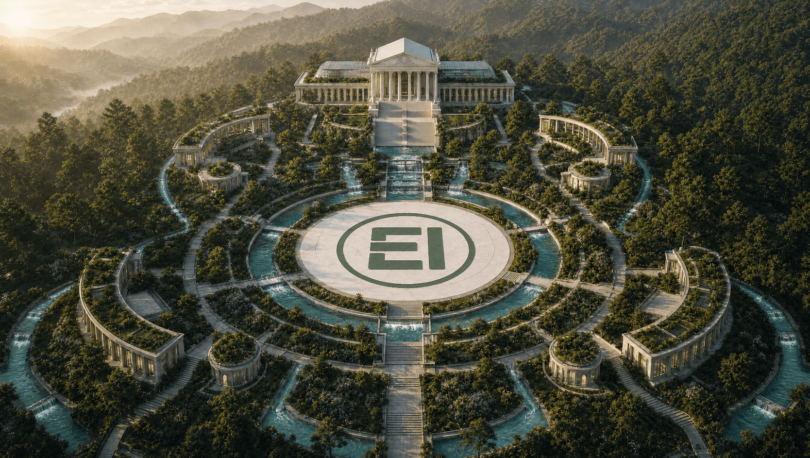 A future campus where water, nature, technology, and human-centered architecture meet around the Ergon Insights mark